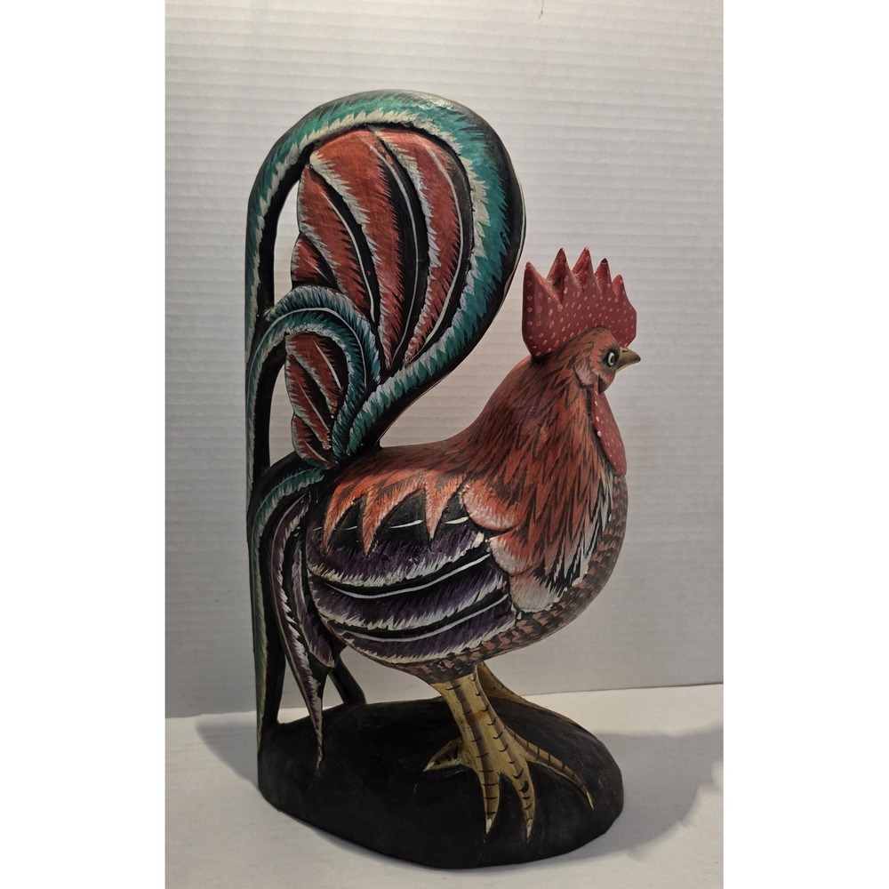Hand Carved Wooden Rooster Figurine Hand Painted Folk Art Sculpture Rustic Decor - Picture 4 of 10